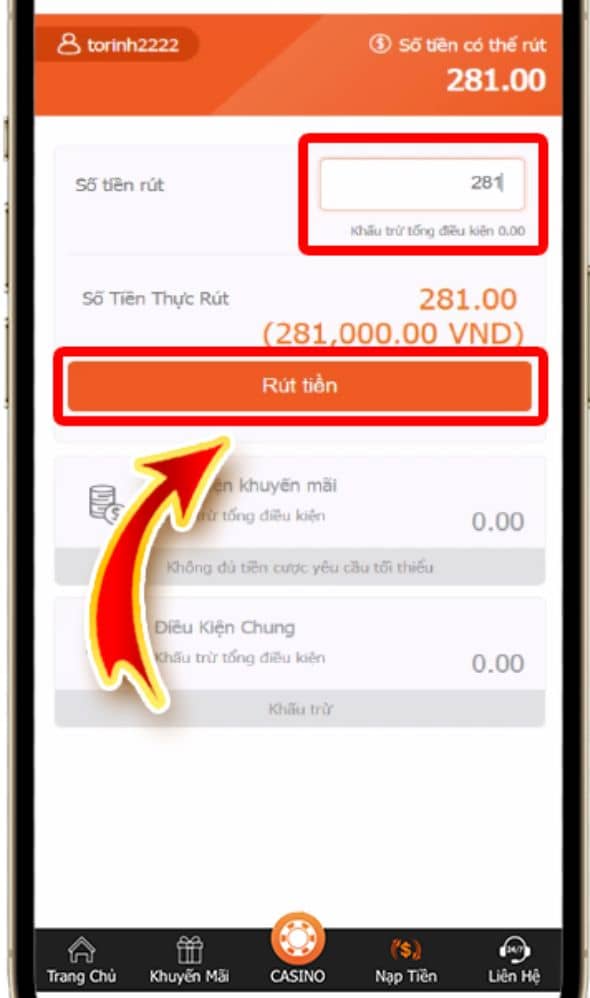 Bước 2 nhập số tiền cần nạp và nhấn rút tiền để hoàn thành Bước 2 nhập số tiền cần nạp và nhấn rút tiền để hoàn thành